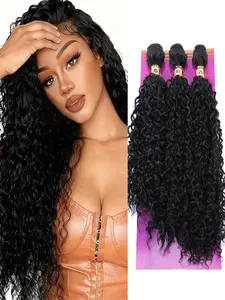 Afro Kinky Curly Quick Weave Synthetic Hair Bundles 16 18 20 Inches 3 Pieces High Temperature Heat Resistant Fiber Black Synthetic Hair Weft Extensions for Women Synthetic Hair Wigs (Color 1B)