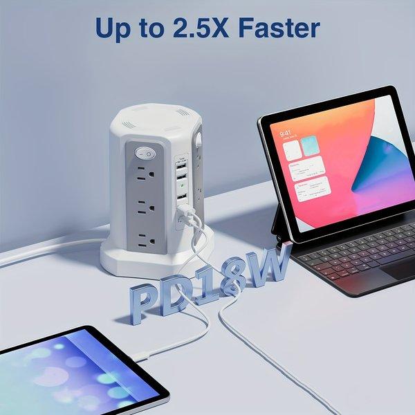 Power Strip Tower with 16 AC Outlets & 5 USB Ports – Surge Protector Extension Cord, Flat Plug Desktop Charging Station with USB C