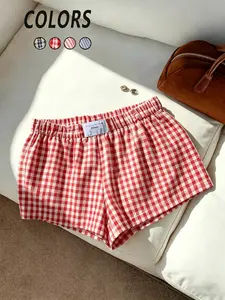 Women's Summer New Arrival Multicolor Sporty Casual Plaid Elastic Waistband Shorts, Loose-Fitting Drawstring All-Over Print, Daily Wear Home Bottoms Womenswear