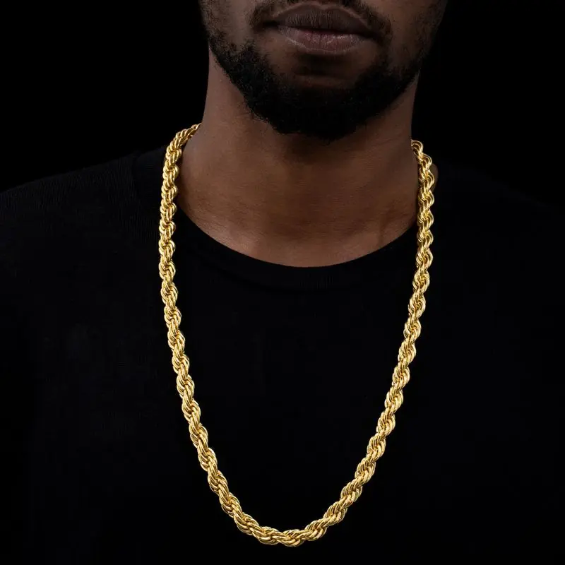 Men's 10mm Iron Iced-Out Chunky Chain Necklace - Punk-Inspired Hip Hop Jewelry, Twisted Braid Metallic Rope, 30in Long Casual No Pendant Accessory, Gold/Silver Golden Tone Street-Ready Costume Jewelry