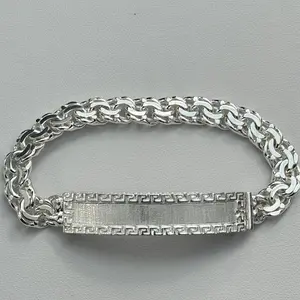 Sterling Silver Chino Link 8-9", Greek Border 12mm, Engravable Bracelet, Made in Mexico (Please Add Name to "Add Notes" Section)