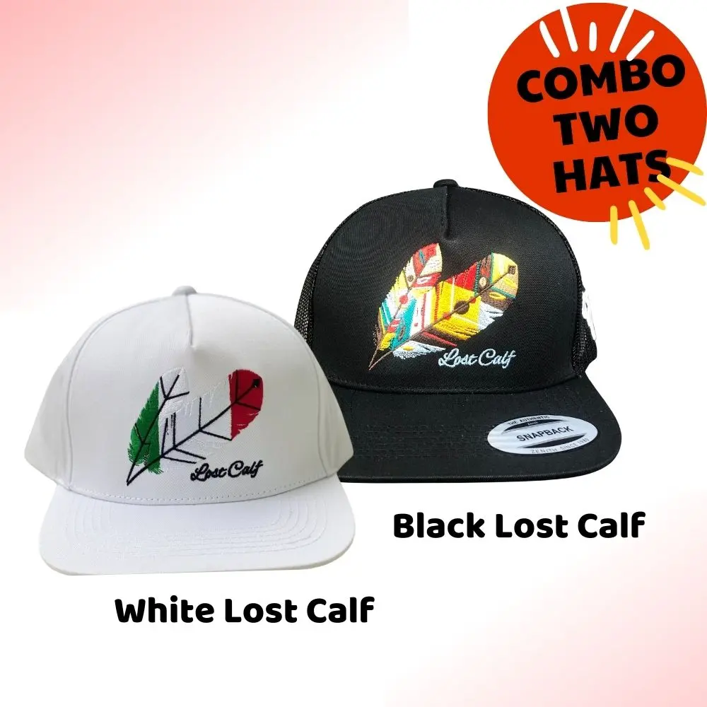 ( BUY 1 GET 1) Combo 2 Hat Embroidered Feather Lost Calf Snapback Hat, Black & White Mesh Back Trucker Cap, Country  Western Cowboy Hat, Feather Embroidery Hat, Adjustable Snapback for Men & Women
