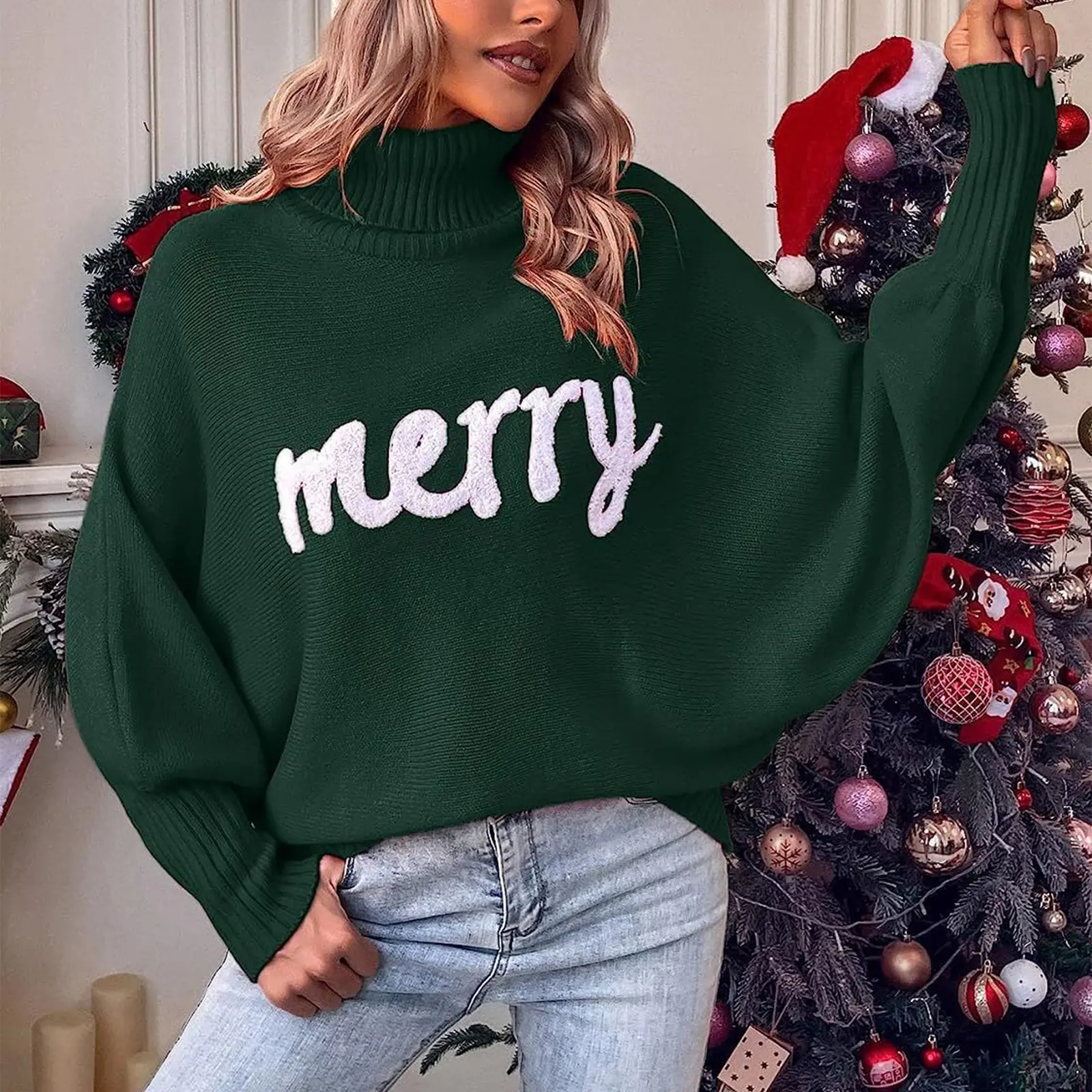 Women's Christmas Long Sleeve Sweaters Batwing Sleeve Turtleneck Merry Christmas Letter Embroidery Pullover Jumper Tops Casual Knitwear Xmas Winter