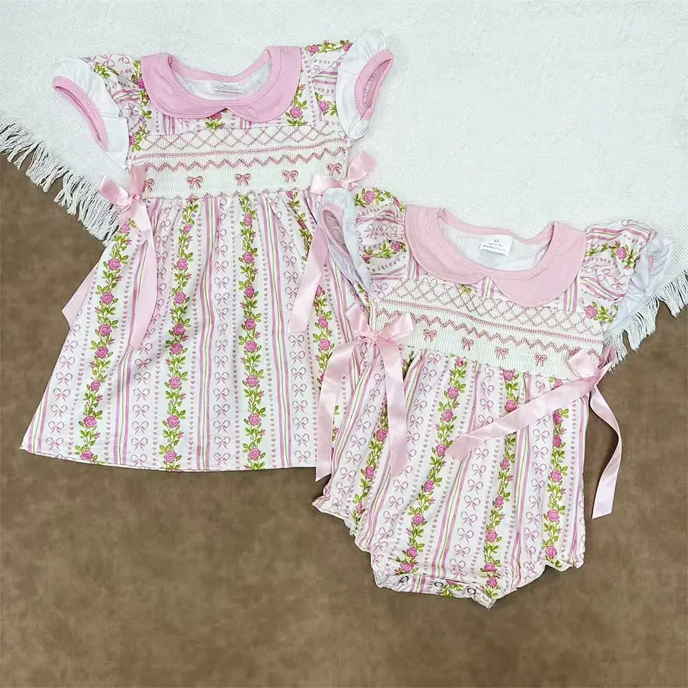 Toddler Girls' 2-Piece Baby Sibling Set - Comfy Milk Silk Short Sleeve Top, Floral Print Smocked Peter Pan Collar Dress, Embroidered Romper with Floral Bow Accent, Two Piece Set