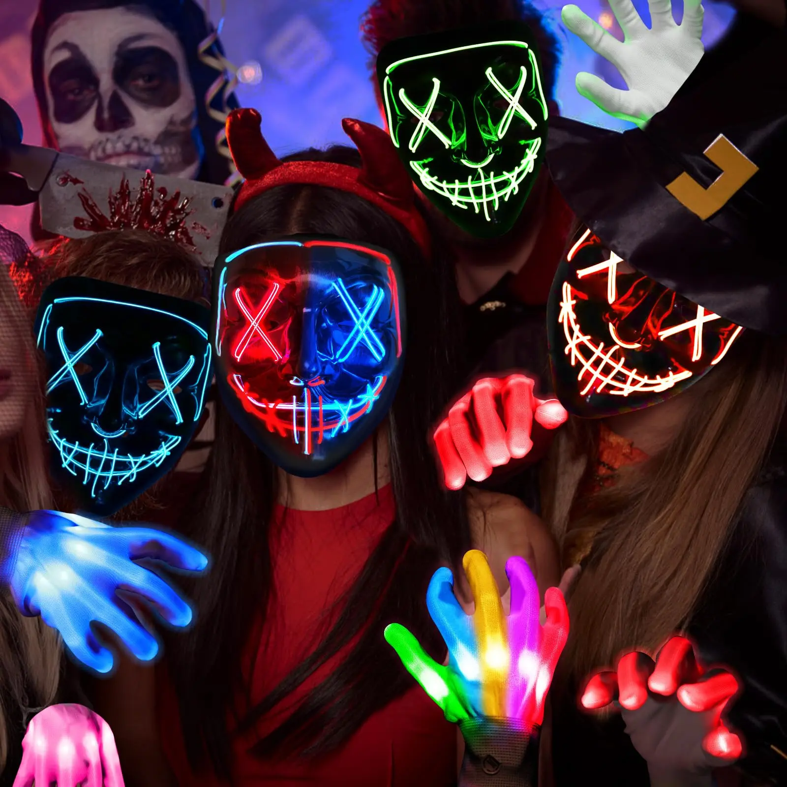3 Color LED Mask-Gloves Bundle, Spooky Glowing Creative Festive Masks + Gloves, Halloween Neon Purge Party Accessories