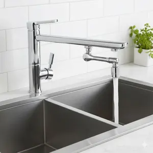 Telescoping Faucet Extender with Splash-Free Aerator, Adjustable Gooseneck Arm No-Tools Installation, 360° Rotating Spray Nozzle Filter for Kitchen Sink Dishwashing Water Saving Adapter