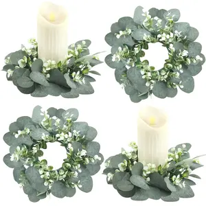 4 Pieces Candle Rings Artificial Eucalyptus Leaves Wreaths Small Boho Wreaths Rings Pillar Candle Holder for Wedding Home Door Tabletop Decoration