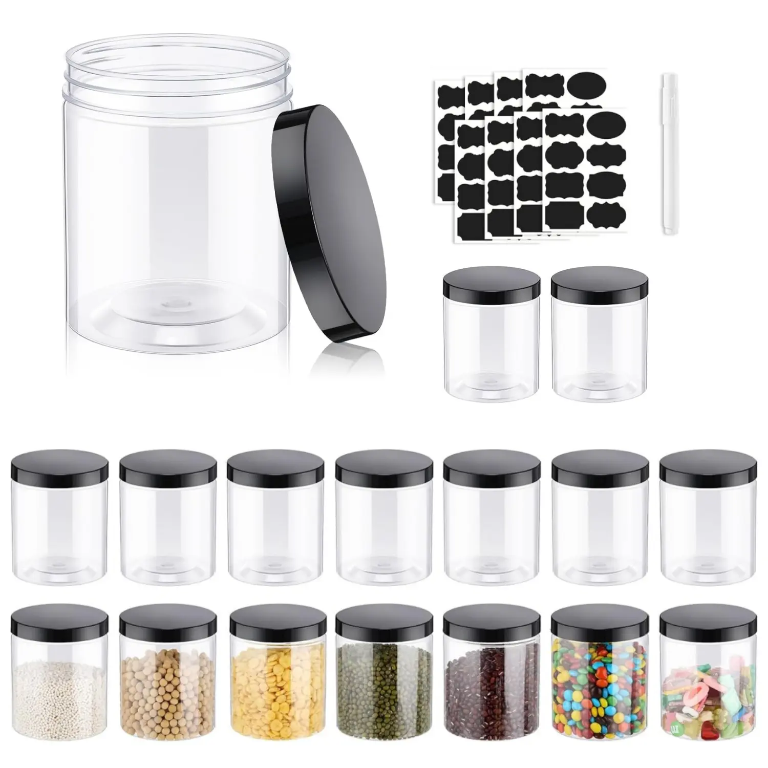 16 Pack Pclastic Jars Combo 16 oz Leak-Proof Clear Containers with Lids, Mason Jars, Perfect for Storing Spices, Cookie, Candy, and Dry Food, Empty Jars, with Lables and Pen