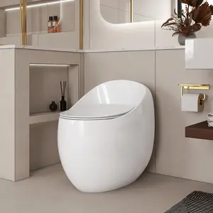 [Fahuac] Egg Shape Toilet – 1-Piece 1.28 GPF Single Flush Glossy White Toilet, Unique Oval Design, Soft Close Seat, Quick-Release for Easy Cleaning, Standard Height, Water-Saving for Modern Bathroom