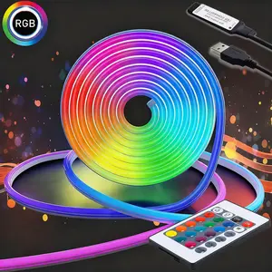 5V LED Neon Lights with 24Keys Remote, Flexible RGB Neon Strip Lights, Multi-Color Rope Lights, Adjustable Brightness Strip Light, Suitable for TV Backlighting, Vanity Tables, Cabinets, Christmas（Battery Not Included )