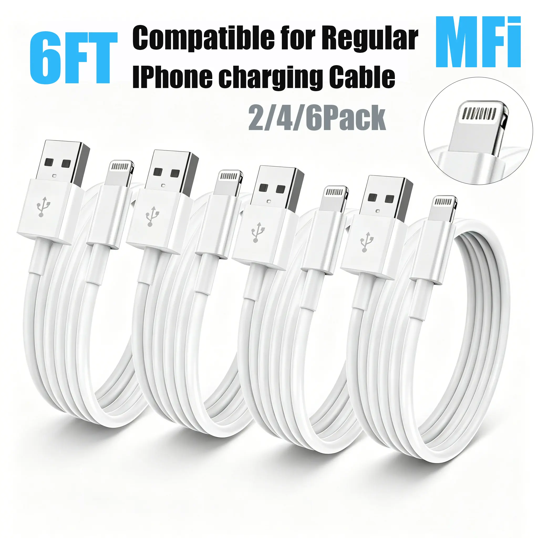 FJAONEM MFi-Certified 6FT Mobile Lightning Charging & Sync Cable (2/4/6 Pack) - USB-A, Laser Welded Extremely Durable Reinforced Wire, 2.4A (Max) Fast Charge, Compatible with iPhone 14-5S SE, iPad, iPod, AirPods