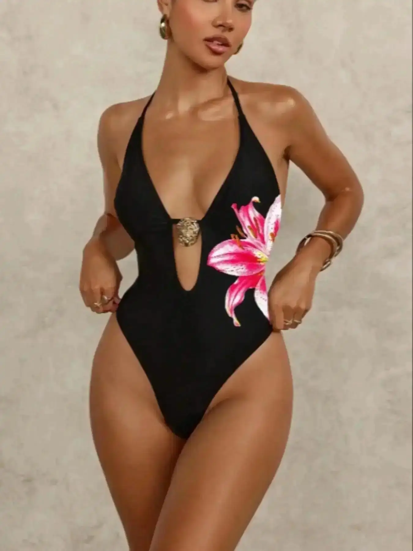Floral Print One-Piece Swimsuit, Tropical Backless Deep V Neck Swimwear, Elegant Women's Bathing Suit, Summer Beach Wear, Floral Swimsuit, Fashionable Chic Swimwear, Summer Glow, Pool Party everyday essential