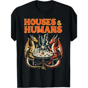 Men's Funny Dungeons & Dragons Inspired T-Shirt - Houses & Humans RPG Parody Gamer Tee with Dragon & Wizard Battle Design, 100% Comfort Fit Casual Tabletop Gaming Apparel for D&D Fans, Retro Style Crew Neck with Vibrant Print, Perfect Gift for Gamers gran