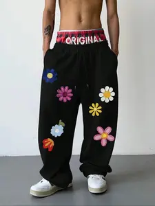 Men's Casual Home Pants, Dual Waist Design, Fashionable Floral Pattern Print, Fitted Style, Comfortable Fall & Winter Wear