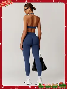 Women's Breathable High-Stretch Sporty Two-Piece Set, Workout Gym Clothing, Seamless Backless Sports Bra & Stretchy Leggings, Suitable for Running and Fitness