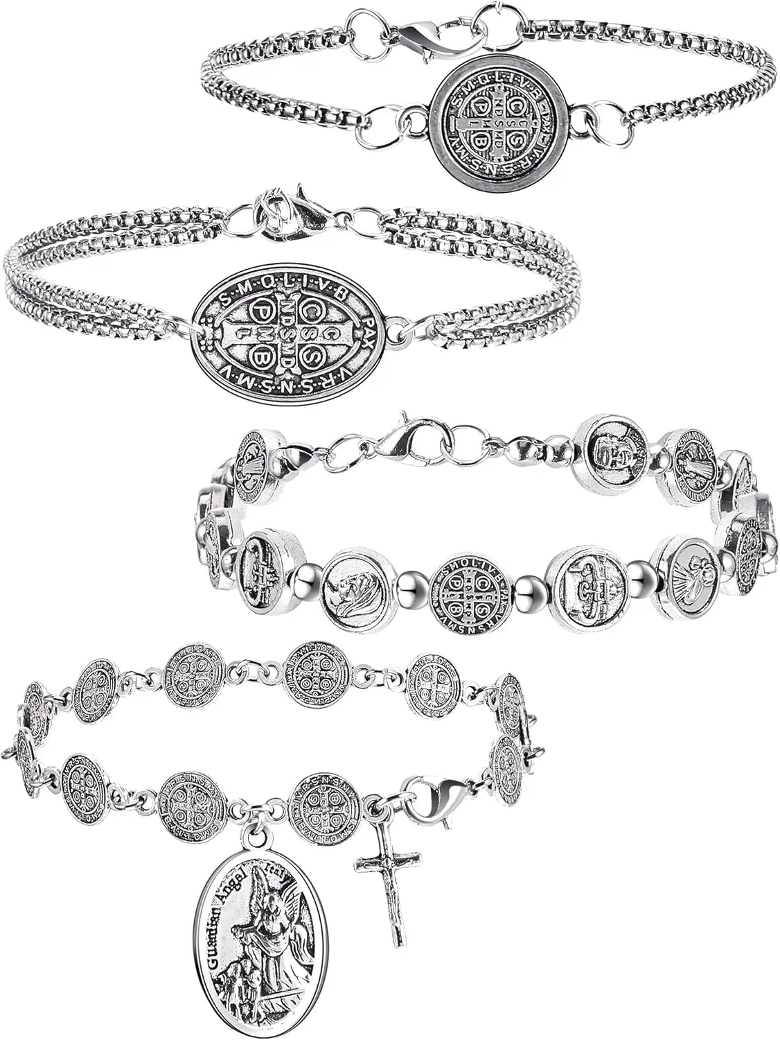 Saint Benedict Charm Bracelets - 4-Count Modern Synthetic Chain Jewelry Bracelets & Bangles, Catholic Religious Prayer Gifts for Men, Charm Bracelet, Male