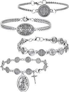 4 count Rosary Bracelet Religious Birthday Gifts Catholic Saint Benedict Prayer Bracelet Saint Medal Men Women Christian