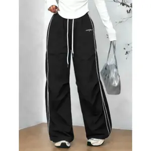 Y2K Baggy Parachute Pants for Women, High Waisted Wide Leg Track Pants with Contrast Piping, Lightweight Quick Dry Windbreaker Trousers, Casual Jogging Pants, 90s Streetwear Cargo Pants for Casual Daily, Gym, E-Girl Aesthetic Bottoms