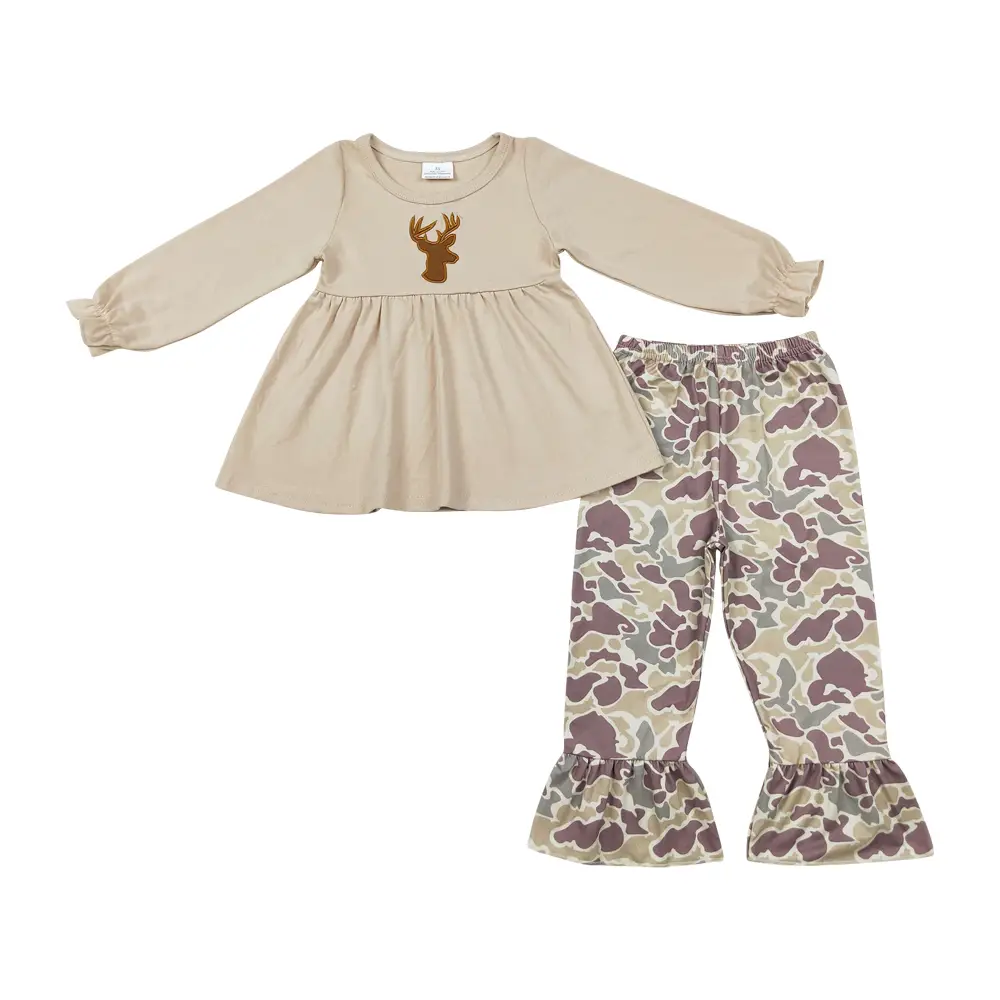 GLP1284-Hunting Embroidered Deer Long Sleeve Camo Girls Sets Cute Kids Clothing