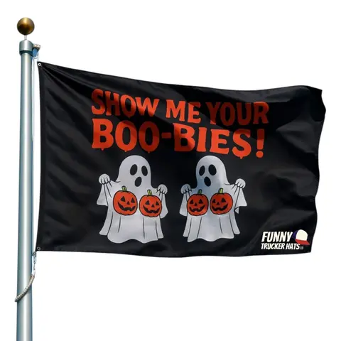 Funny Halloween Flag – “Show Me Your Boo-bies” Ghost Party Banner | Spooky Halloween Decor for Garage, Dorm, or Party Boo-bies