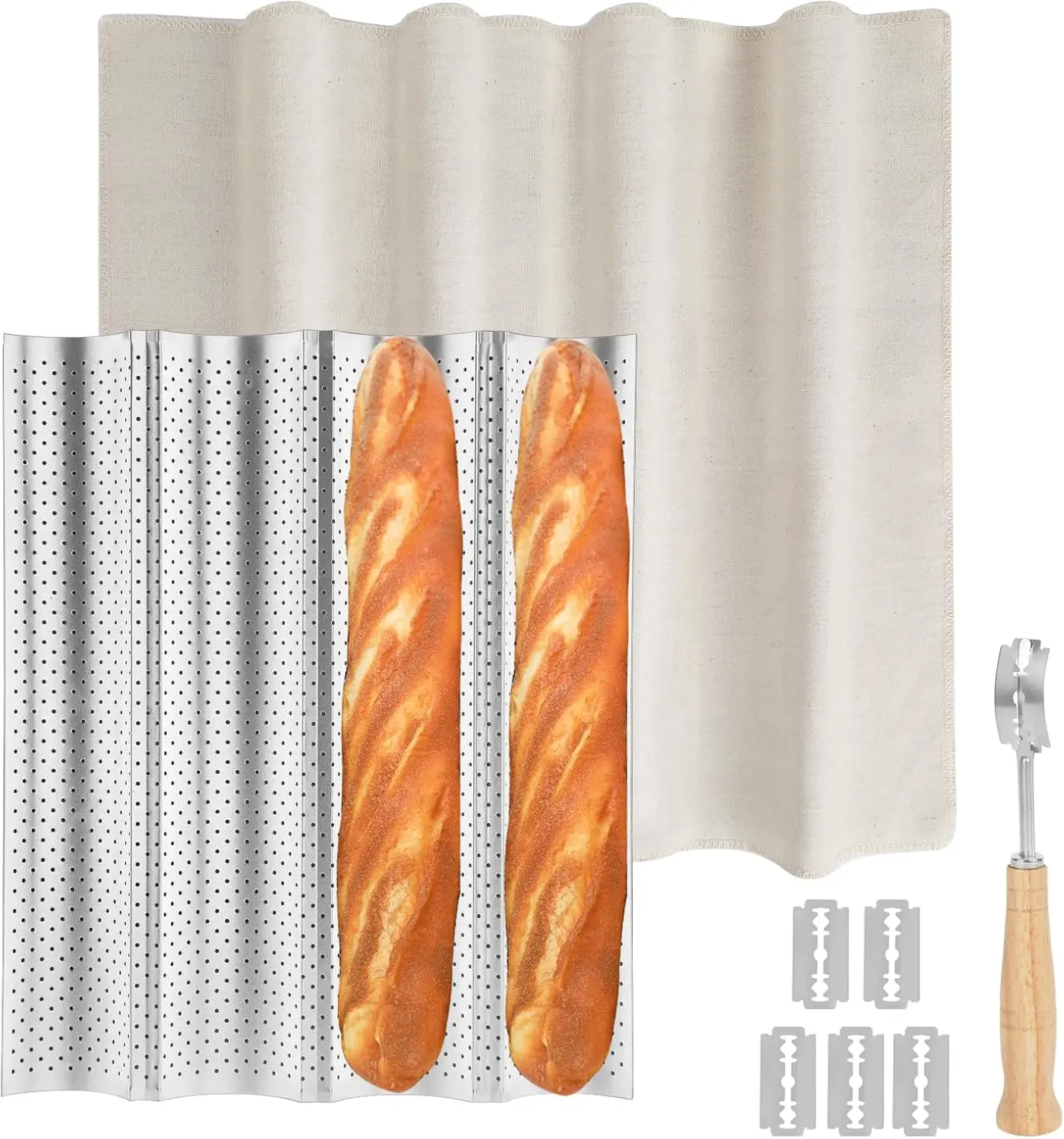 Baguette Bread Pan Kit, Non-Stick Baguette Tray with Proofing Cloth, Bread Lame for Baking