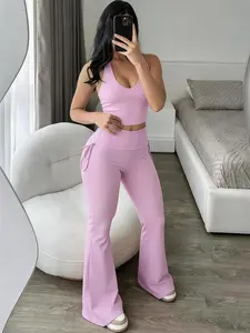 Women's Sporty Yoga Two-Piece Set, Halter Slim Fit Tank Top & High Waist Drawstring Pants, Gym Training Casual Outerwear, Workout Running Outfits, Fitness Outfits