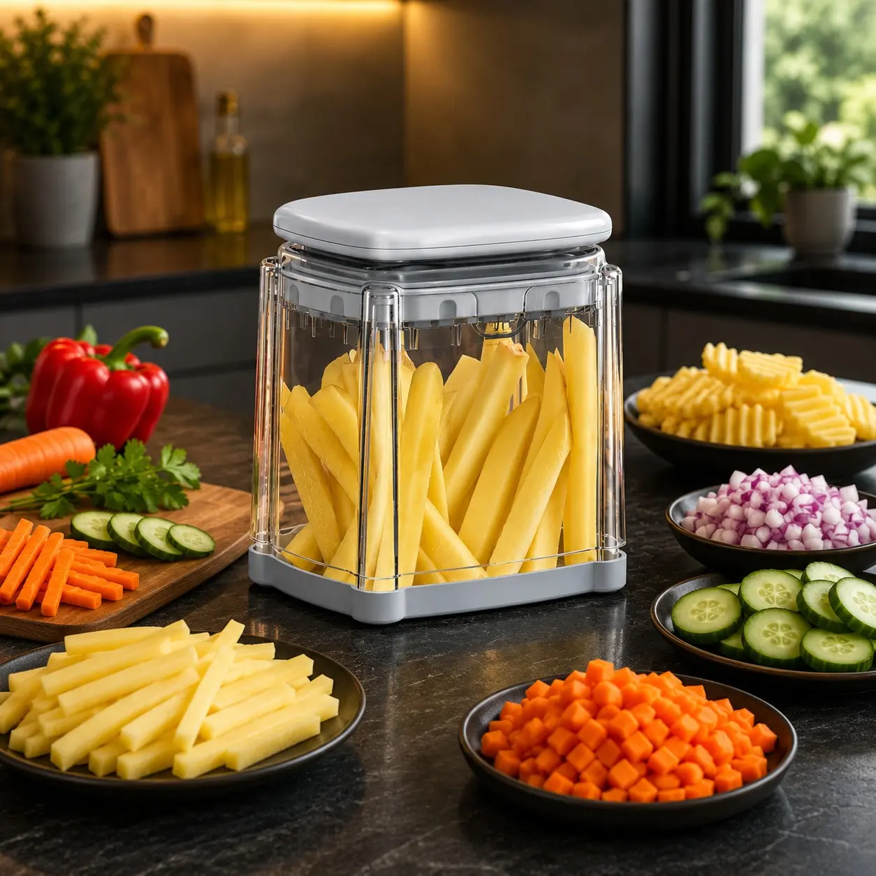 Professional French Fry Cutter & Vegetable Chopper Dicer – Stainless Steel Potato Cutter for Potatoes, Onions, Carrots, Cucumbers, Zucchini & Peppers (Light Blue)