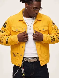 Men's Yellow Distressed Denim Trucker Jacket - 100 Cotton Clothing, Long Sleeve, Button-Down, Frayed Letter Patch, Medium Length, Distressed Look, Casual Daily, Machine Wash Cold, Streetwear Lightweight Top