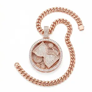 Big Boss Iced Out Gear Pendant, Rose Gold Baguette CZ Diamond Chain, S925 Silver Steampunk Medallion, Heavy Y2K Hip Hop Jewelry, Premium Hustler Gift