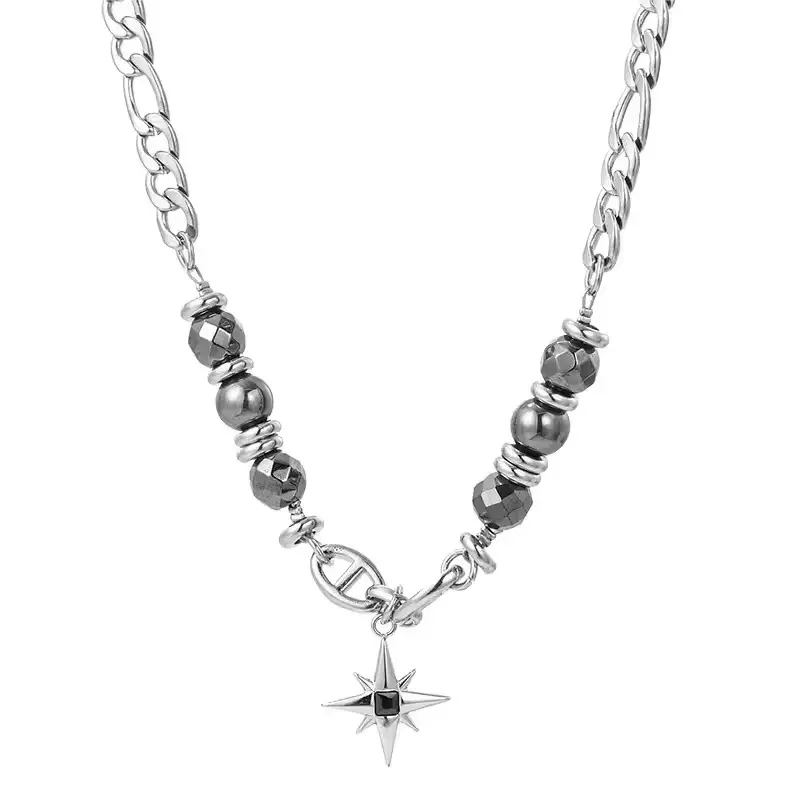 Stellar Compass Titanium Necklace with Star Pendant and Beaded Design Adjustable Chain 19.7-23.6 Inches Daily Wear Jewelry