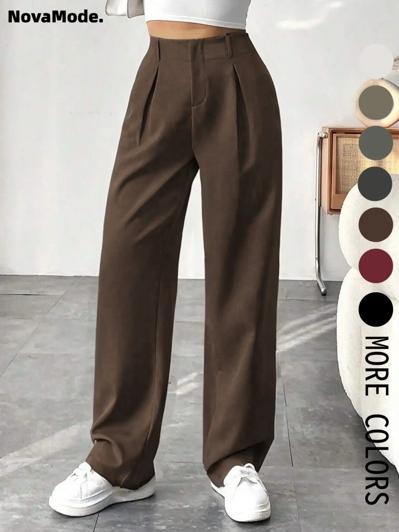 Women's Solid Color Plicated Pocket Wide Leg Pants, Elegant Zipper Fly Trousers for Work Office Business, Ladies Spring & Fall Clothes
