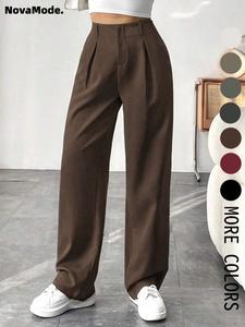 women's solid color plicated pocket wide leg pants, chic fit elegant aesthetic flattering zipper fly high waist trousers for work office business, ladies spring & fall business attire clothes, womenswear, baggy legged pants, casual fashion trousers