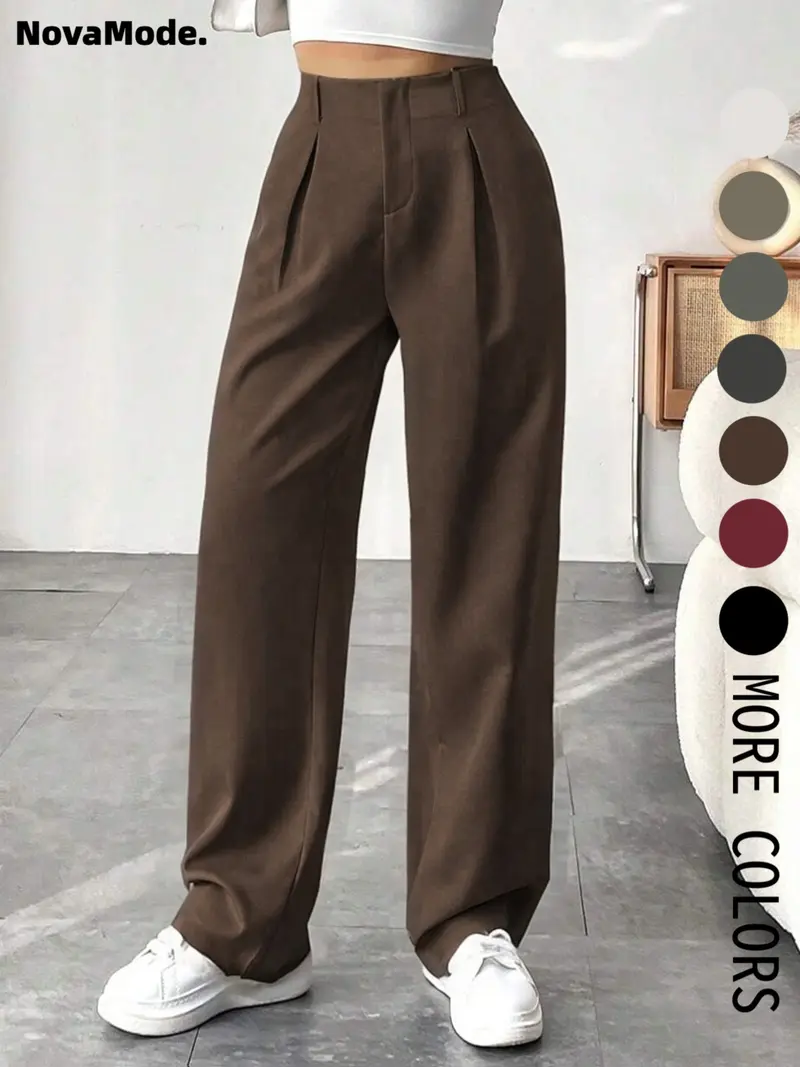 Women's Solid Color Plicated Pocket Wide Leg Pants, Elegant Zipper Fly Trousers for Work Office Business, Ladies Spring & Fall Clothes