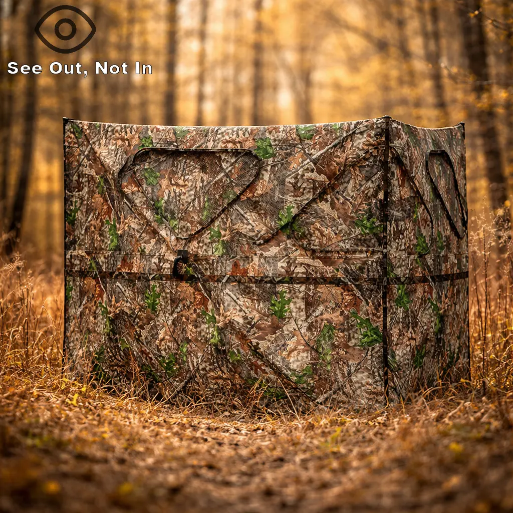 Camouflage 2-Panel Pop Up Hunting Ground Blind, Premium Wear-Resistant Blackout Cloth, Single-Side See-Through Mesh, Waterproof Portable Freestanding Blind for Deer Hunting, Unparalleled Concealment