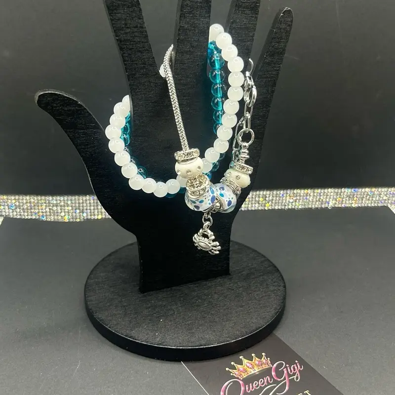 Snake Bracelet  Clear Bluish Teal -Ice with Crab Charm & 2 Complementary Bracelets