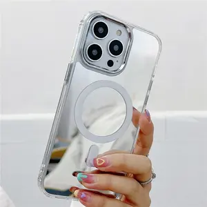 For iPhone 17 16 15 Pro Max Luxury Silver Mirror Magsafe Magnetic Silicone Frame Phone Case For iPhone 11 12 13 14 15 16  17 Plus Cover