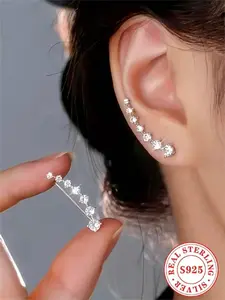 S925 Sterling Silver Ear Climber Earrings, Hypoallergenic 7-Stone Graduated Cubic Zirconia Ear Crawlers, Linear Bar CZ Stud Earrings for Women, Silver/Gold Plated Sparkling Ear Line Earrings, Minimalist Jewelry for Wedding Party Daily Wear, Ideal Gift for