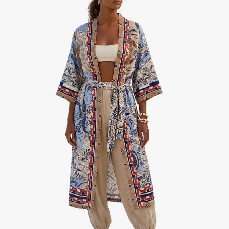 Kimono Cardigan — Lightweight Open Front Beach Cover — with Belted Waist - Large