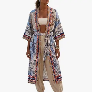 Kimono Cardigan — Lightweight Open Front Beach Cover — with Belted Waist - Large