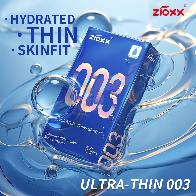 【Zioxx 003 】Ultra Thin Condoms for Men, Hyaluronic Acid Lubricated, Skin-Feel Natural Latex, 52mm, 10 Count Healthcare