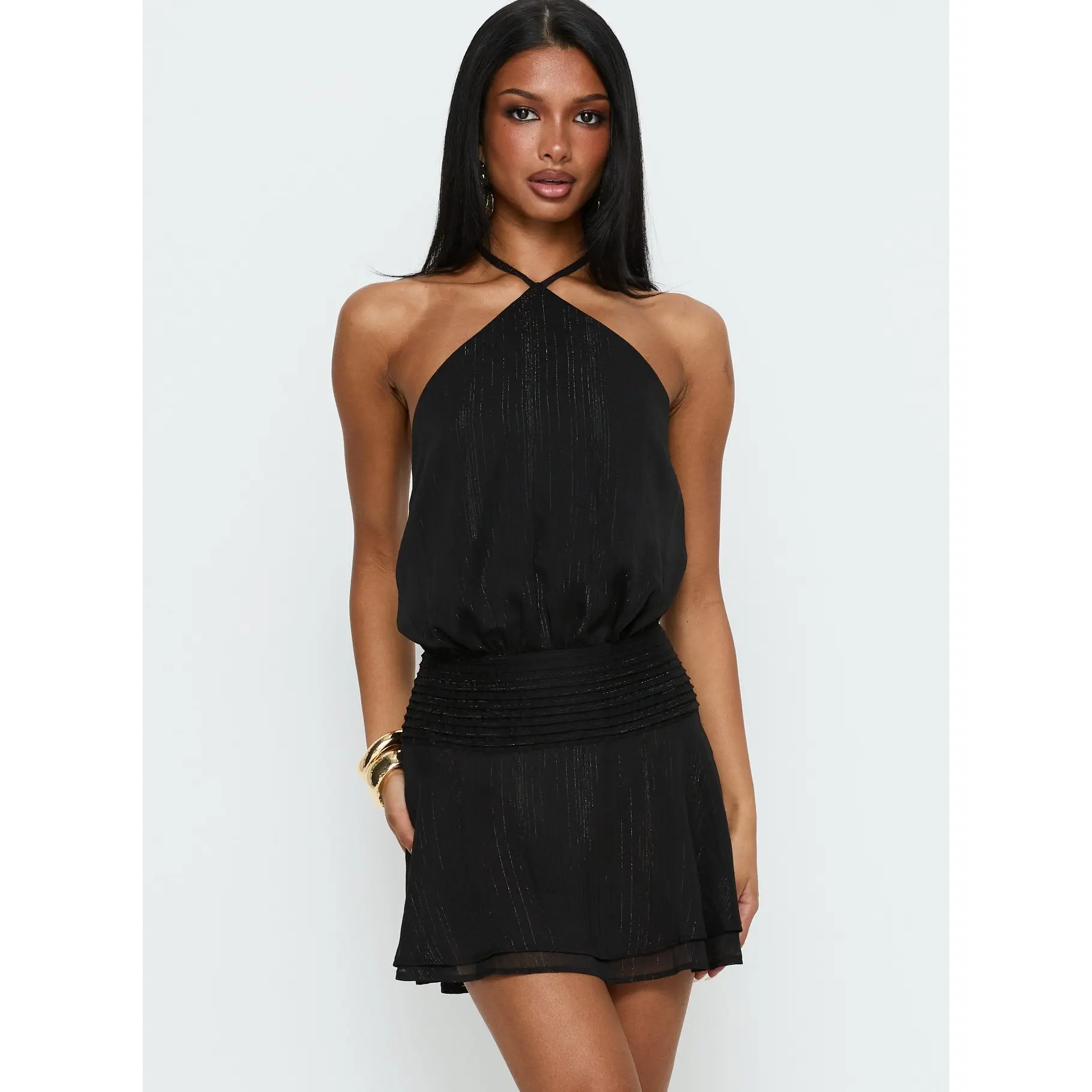 Rozario Chiffon Halter Mini Dress Black / Silver