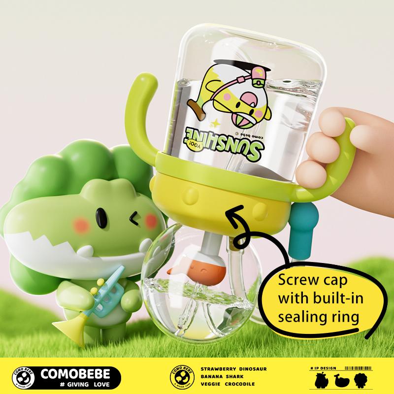 【COMOBEBE】10oz Spill-Proof Tritan Rocket Ship & Whale Fountain Sippy Cup – BPA-Free, Soft Straw, Fun Spray Design, Dishwasher Safe, Perfect for Kids