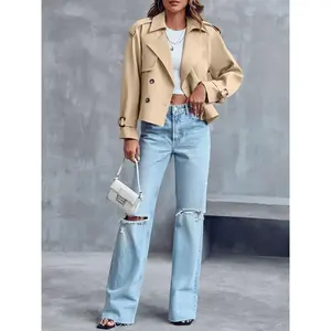 Chic Cropped Double Breasted Trench Coat for Women Raglan Sleeve Short Jacket with Pockets