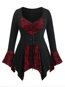 【Plus Size】 Colorblock Lace Up Ruched Contrast Lace Asymmetrical Hem Tee Fit, Punk Fashion Flounce Long Sleeve V Neck Top for Daily Holiday Vacation Outdoor Wear, Women Clothing for Fall & Winter, Womenswear