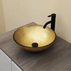 Logmey 16" Glass Bathroom Vessel Sink Vanity Countertop Round Bowl with Black Faucet and Chrome Pop up Drain Set,Glass Art Basin,Light Golden Amber