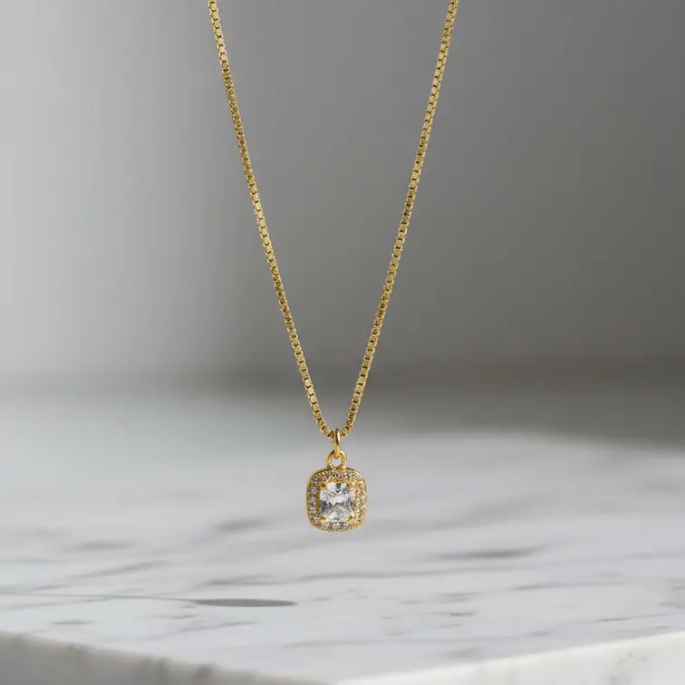 Square Shaped Necklace with Sparkling Stone Pendant and Gold Plated Chain for Everyday Wear
