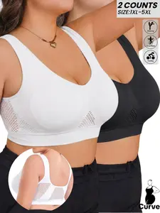 PLUS SIZE Women's Seamless Sports Bra Set, Gathered Shockproof, Breathable Mesh Back, Running Fitness Vest, with Detachable Pads,Stretch&Comfort Top, Women Workout Clothes, All Seasons