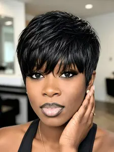 Human Hair Short Wigs Pixie Cut Wigs with Bangs Short Black Layered Wavy Wigs for Women Hush Cut Wig Premium Human Hair