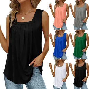 Women's Trendy Tank Tops Square Neck Sleeveless Tank Pleated Flowy Shirts Basic Tunic Blouse Summer Loose Tshirts