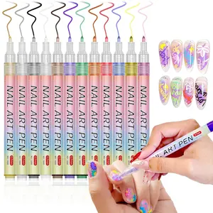12Pcs nail art graffiti painting pen set with rich colors. Quick-dry marker with smooth ink flow, perfect for nail DIY, flower painting and line drawing. Easy for beginners to create exquisite nail art at home.
